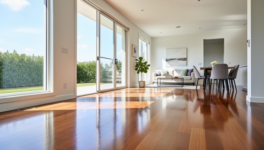 Sunlight streaming through clean window onto polished hardwood floors in home interior