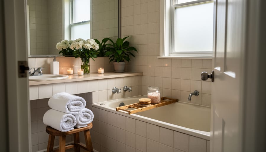Clean vintage bathroom counter with white towels, plant, and modern accessories