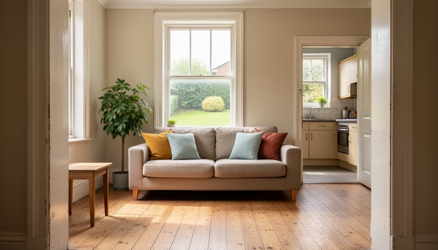 Sunlit, minimally staged living room in an older UK house, freshly cleaned with bare windows, a neutral sofa, and subtle signs of wear; doorway to a dated kitchen and a trimmed garden visible in the background.