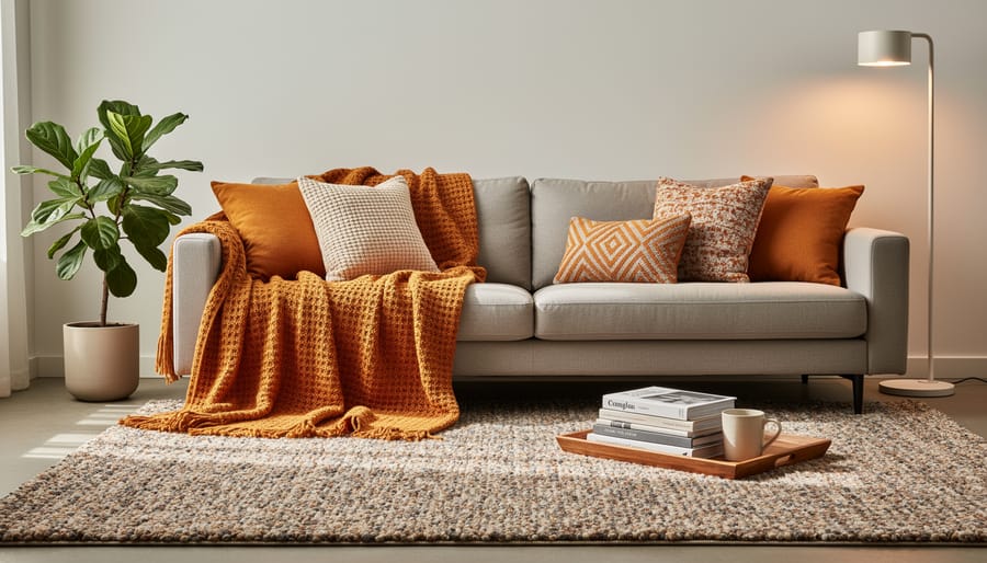 Cozy living room corner with throw blanket and colorful pillows on neutral sofa