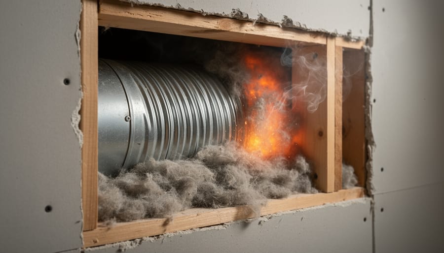 Close-up interior view of dryer vent duct showing dangerous lint accumulation