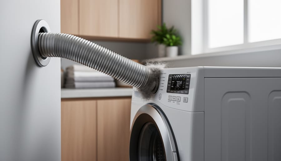 Eye-level close-up of a front-loading dryer’s rigid metal vent duct attached to an exterior wall port, with visible lint buildup at the joint, in a softly lit modern laundry room with blurred cabinetry, folded towels, and a potted plant in the background.
