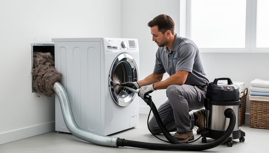 Professional technician using rotary brush tool to clean dryer vent system