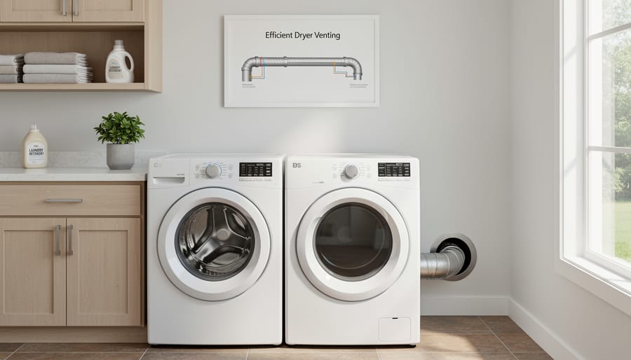 Modern laundry room with dryer strategically placed against exterior wall for optimal venting