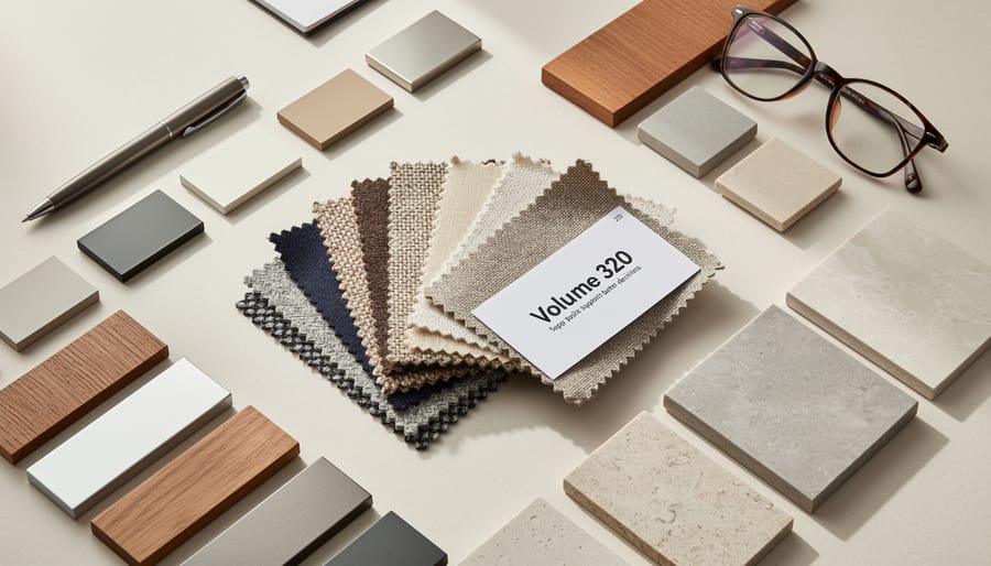 Close-up of interior design material samples and fabric swatches arranged on a table with a blurred room in the background