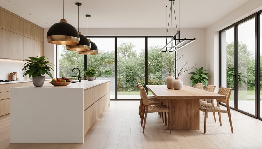 Contemporary dining area with low-profile wooden table, statement pendant light, warm neutrals, and subtle integrated lighting.