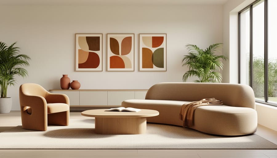 Contemporary living room with curved sofa, walnut coffee table, sculptural decor, and warm neutral palette.