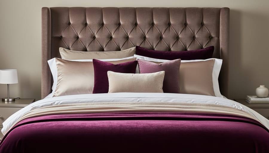Glamorous bedroom with satin bedding, velvet pillows, and an upholstered headboard in warm champagne tones.
