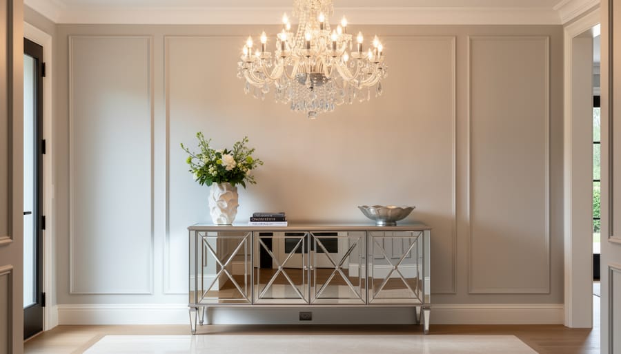 Low-angle view of a sparkling chandelier over a mirrored console in a glamorous entryway.