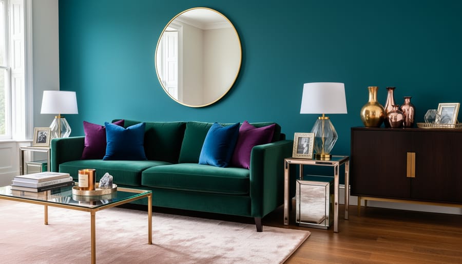 Glamorous living room vignette featuring a deep emerald velvet sofa, gold-framed mirror, and brass floor lamp.