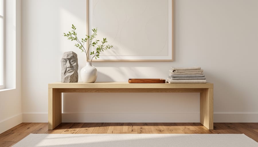Close-up of layered contemporary tabletop textures with ceramic, stone coasters, linen textiles, and mixed-metal accents.