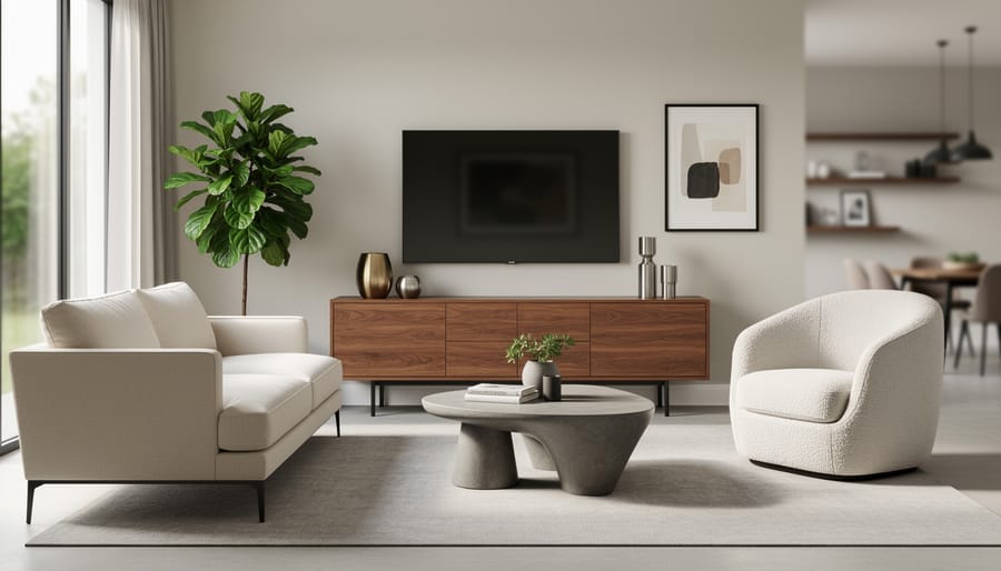 A bright living room featuring a walnut media console, clean-lined sofa, curved bouclé chair, mixed metal accents, and a large leafy plant.