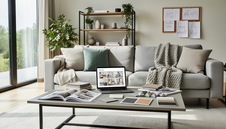 Modern living room vignette with a sofa, styling details, and an open design sketchbook and tablet for inspiration