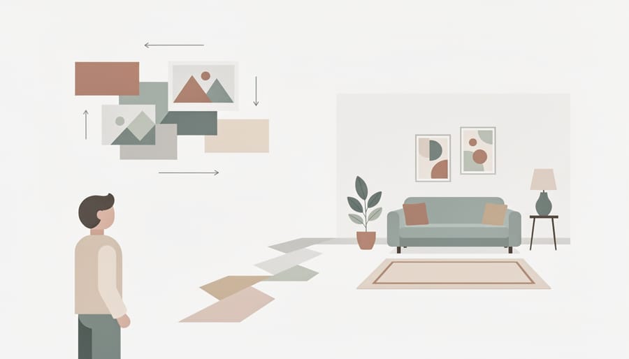 Person reviewing interior design inspiration on a tablet beside printed interior photos in a home office