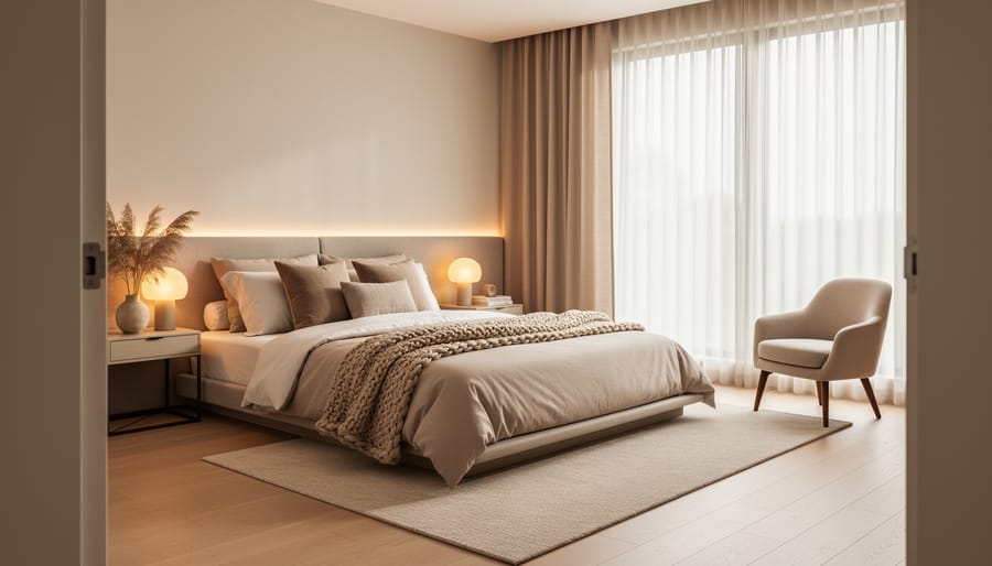 Serene contemporary bedroom with layered neutral bedding, warm bedside lamp light, and minimal modern decor.