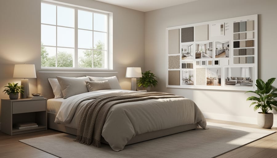 Styled bedroom interior with layered bedding, lamp, and an unlabeled mood board with pinned photos