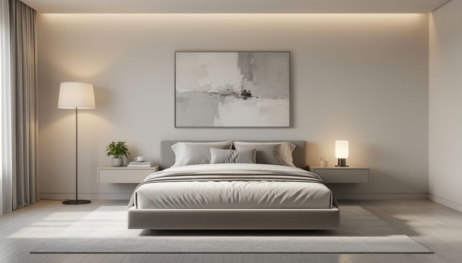 Contemporary bedroom with platform bed, minimal nightstands, and layered warm lighting.