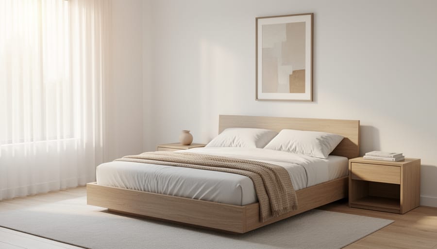 Minimal bedroom with white linen bedding, a wooden nightstand, and a simple linen-shaded lamp.