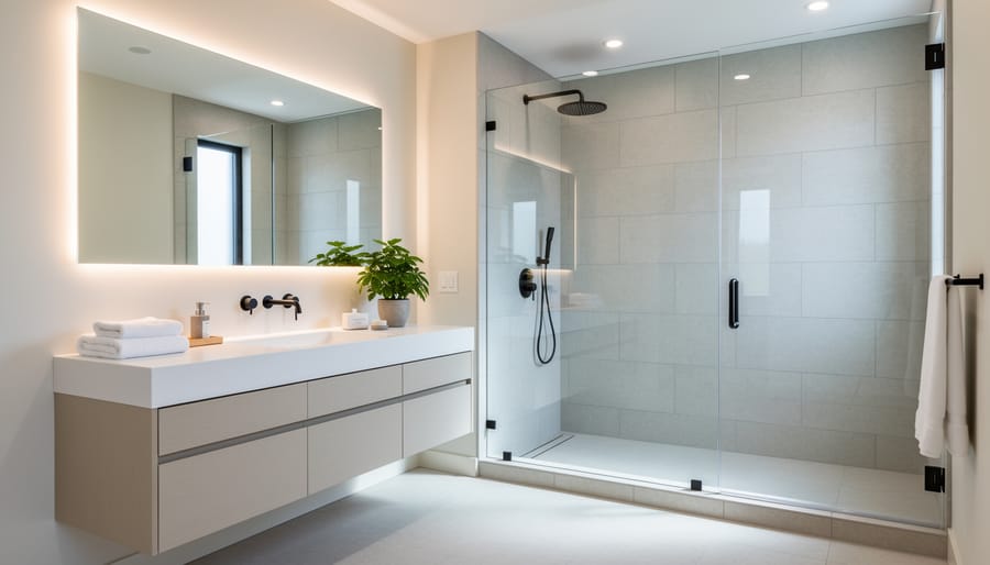 Minimal modern bathroom with frameless shower, floating vanity, matte black fixtures, and round mirror.