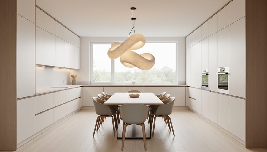 Modern kitchen and dining area with handleless cabinets, waterfall countertop, and pendant lights.
