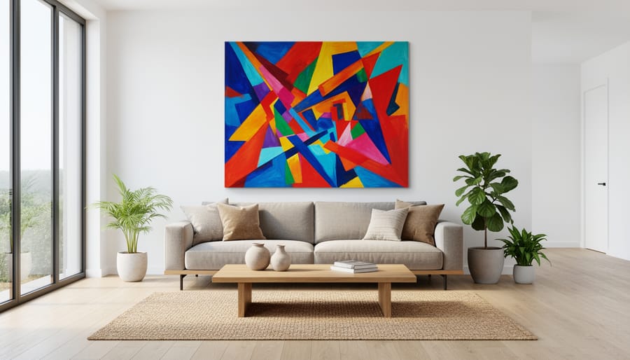 Modern living room with neutral sofa, sculptural coffee table, black floor lamp, and abstract wall art.