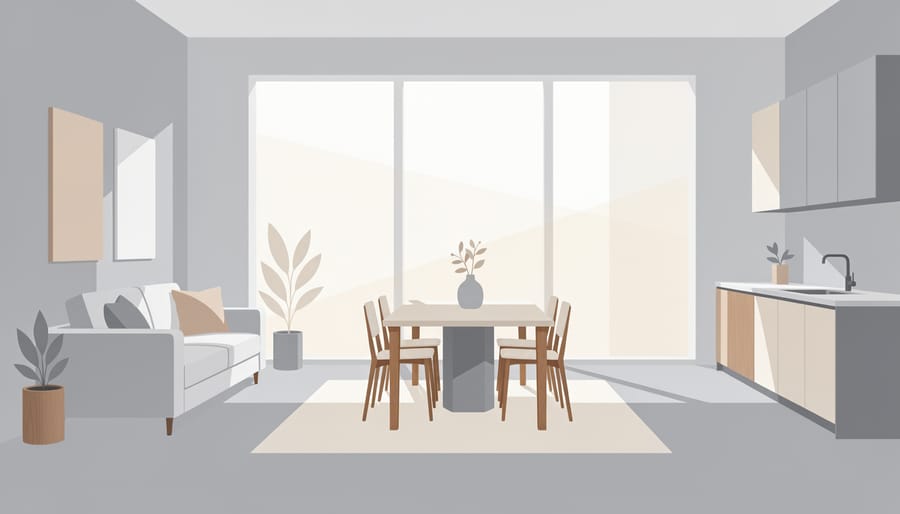 Open-plan modern home interior showing connected living and dining spaces with natural light and minimalist decor.