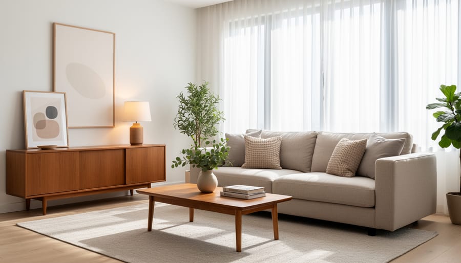 Sunlit minimalist living room with a neutral sofa and a single sculptural vase on a console.