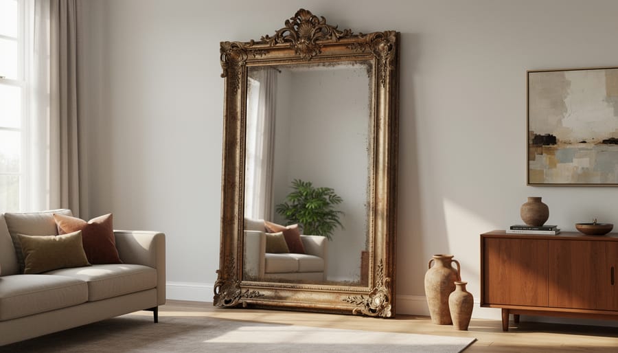 Antique mirror reflecting light in a cozy interior