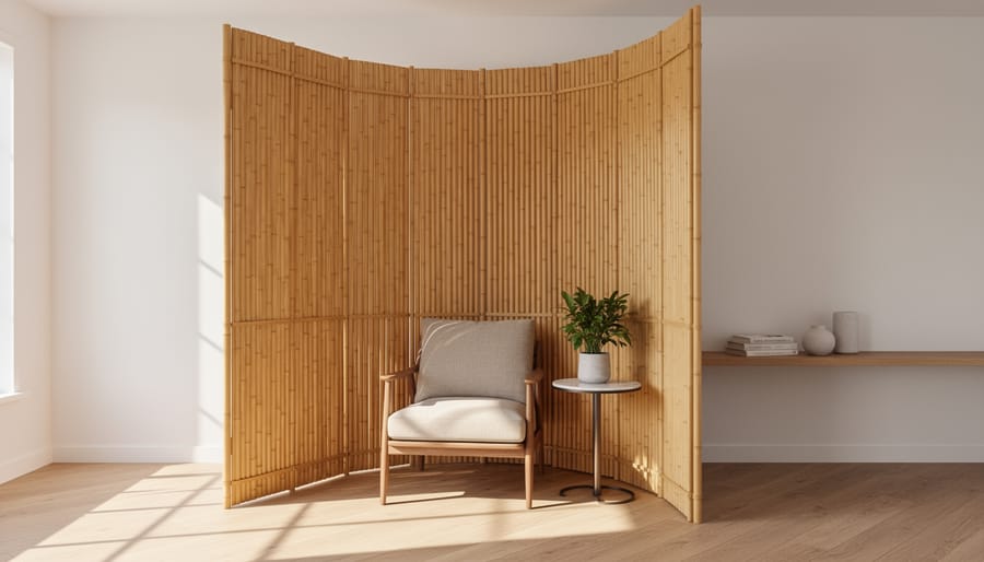Bamboo folding screen used as a room divider in a bright bedroom corner