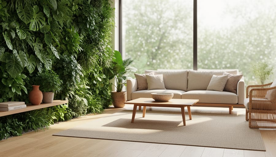 Biophilic interior lounge with a living wall, natural wood, and indoor plants near large glass windows.