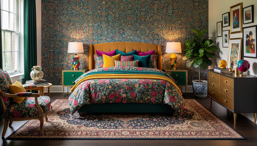 Maximalist bedroom with vibrant patterned bedding, eclectic decor, and dramatic warm side lighting.
