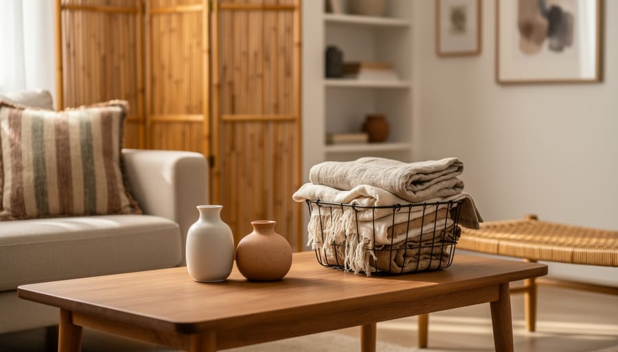 Cozy living room vignette with a bamboo folding screen, striped cushion, rattan bench, wire basket, and small ceramic vases under soft natural daylight.