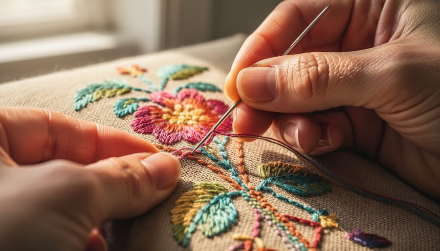 Artisan hands adjusting a handcrafted embroidered throw pillow on a linen sofa.