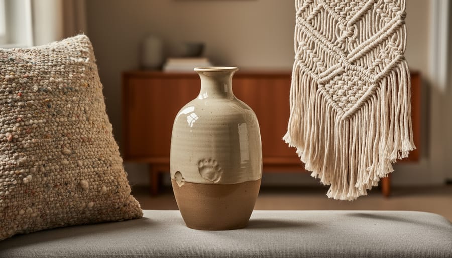 Cozy living room featuring a hand-thrown ceramic vase with visible thumbprint, a hand-loomed woven throw pillow, and a macramé wall hanging in soft natural light.