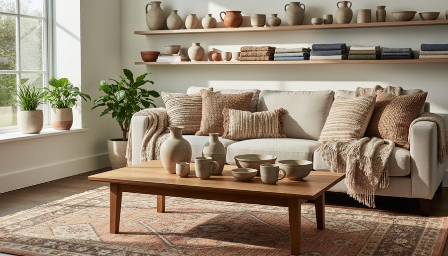 Handcrafted ceramic vase and handwoven textiles displayed in a sunlit living room.