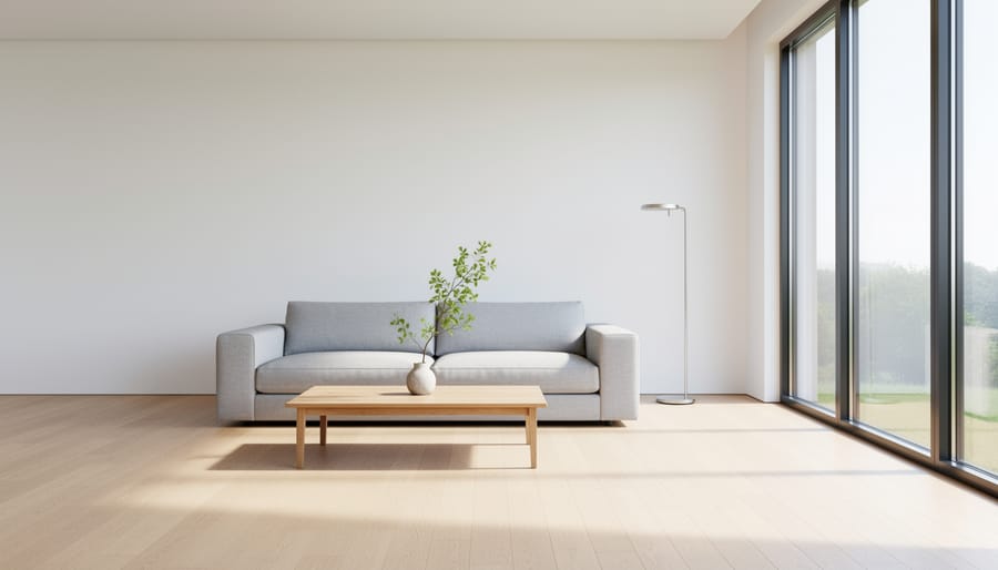 Minimalist living room with a low-profile sofa, walnut coffee table, and soft natural light.