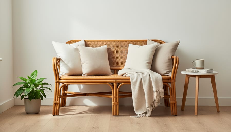 Rattan bench placed in an entryway or bedroom corner with warm natural light