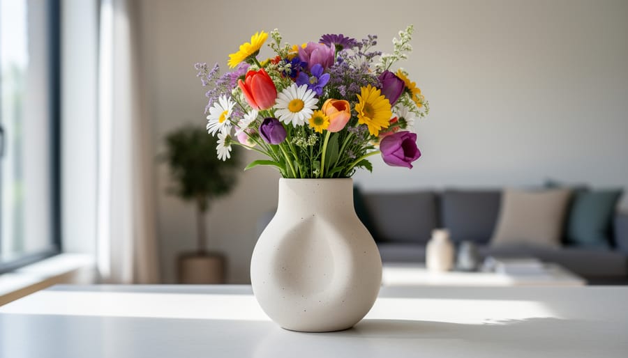 Simple vase with fresh flowers on a wooden side table
