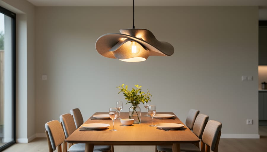 Sculptural pendant light above a small dining table creating a warm glow