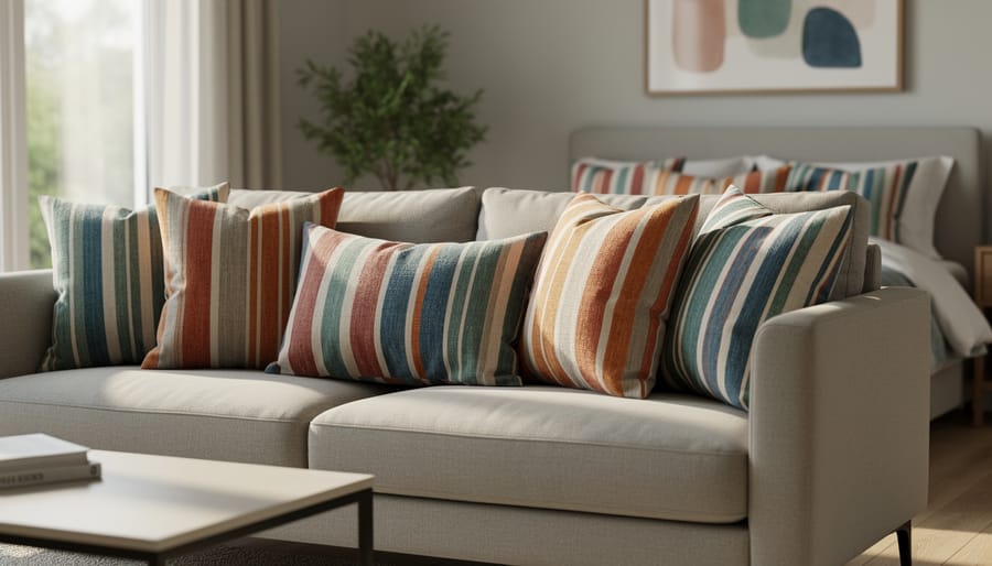 Striped cushions layered on a sofa or bed in a bright room