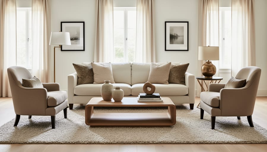 Transitional dining room with linen seating, wood sideboard, layered rugs, and warm golden light.