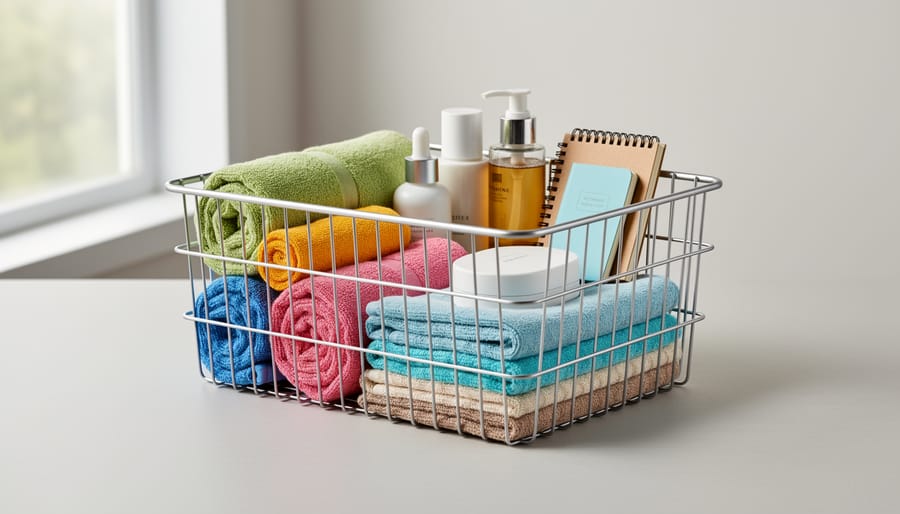 Wire storage basket with visible colorful contents in a bright room
