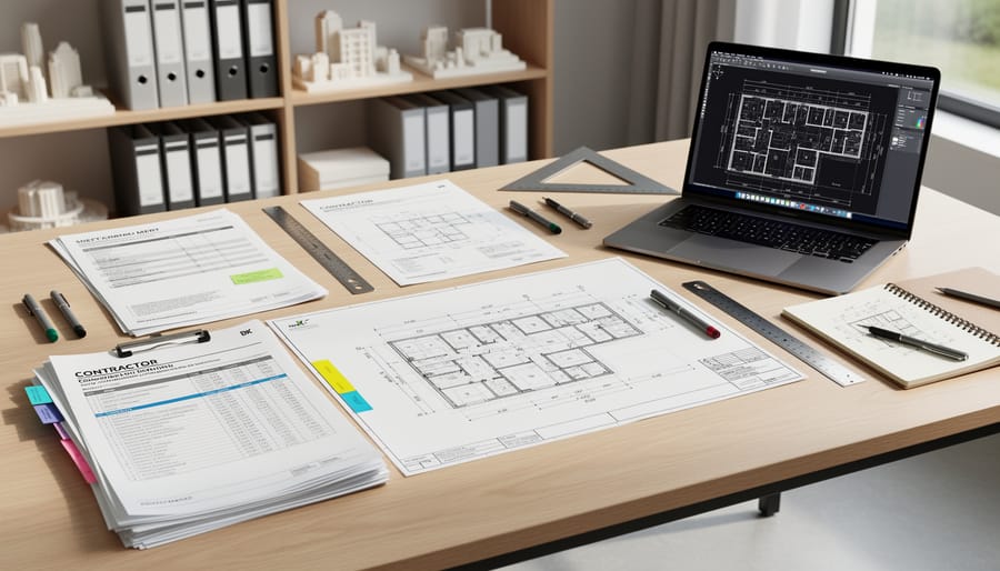Close view of an interior designer’s hands reviewing architectural plans alongside fabric and material swatches on a work table.