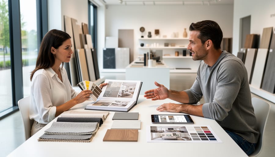 Interior designer meeting with a client while reviewing fabric and material swatches in a modern living room setting.