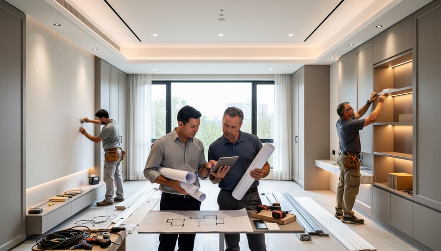 Carpenters installing built-in cabinetry while an interior designer supervises in an unfurnished room with protective coverings and tools.