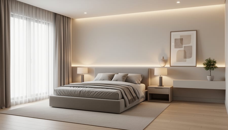 Q3 bedroom with a low-profile bed, neutral linens, simple pendant lighting, and warm ambient glow.