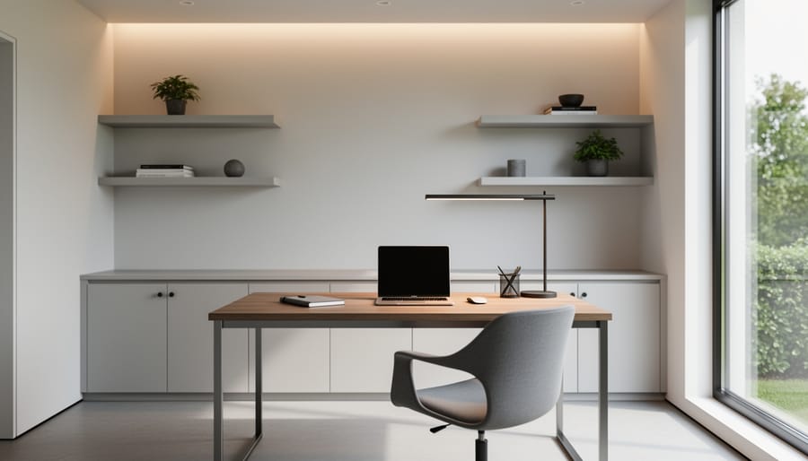 Minimalist Q3 home office with a light wood desk, neutral chair, and soft task lighting.