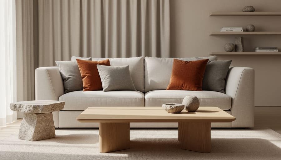 Modern living room with neutral gray and warm terracotta accents, natural wood and stone textures, and soft linen curtains in a minimalist Q3 interior style