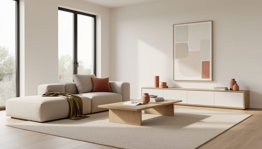 Modern Q3-style living room with a streamlined sofa, minimalist coffee table, warm rug, and soft natural daylight.