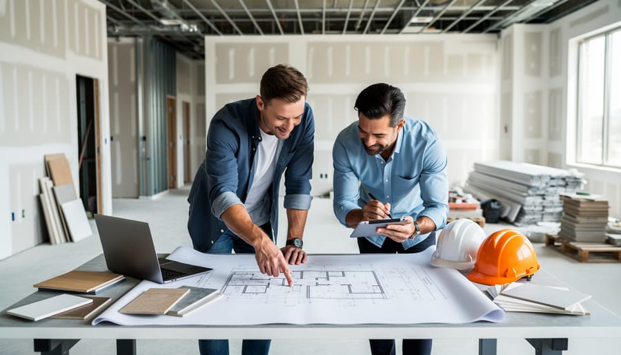 Architect and interior designer reviewing drawings together inside a bright unfinished room